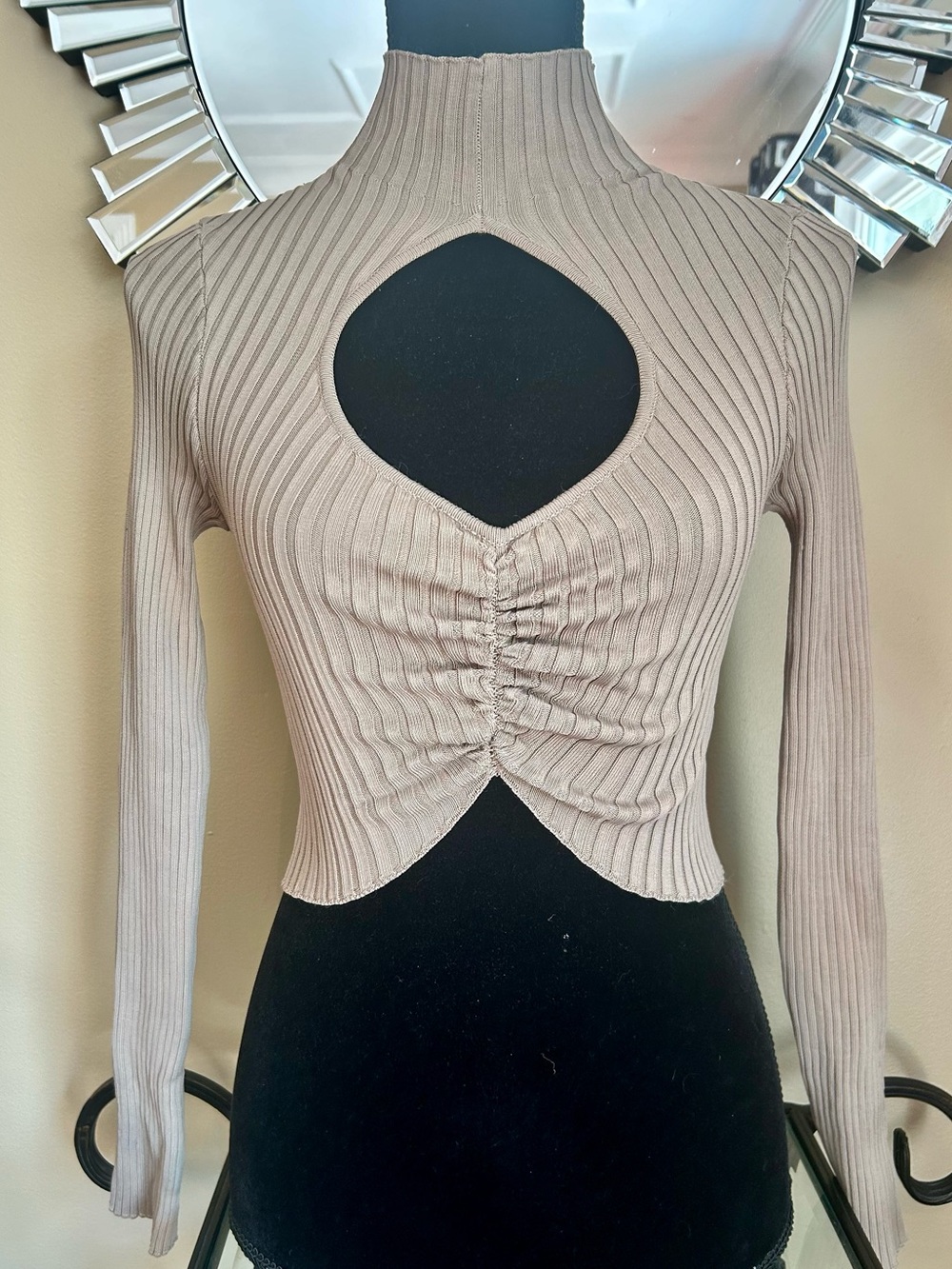 Zara Ribbed High-Neck Cutout Ruched Long Sleeve Top